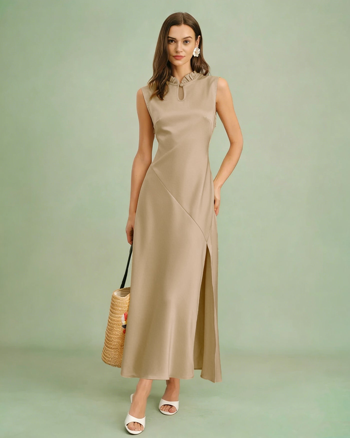 Ruffled Midi Dress in Apricot