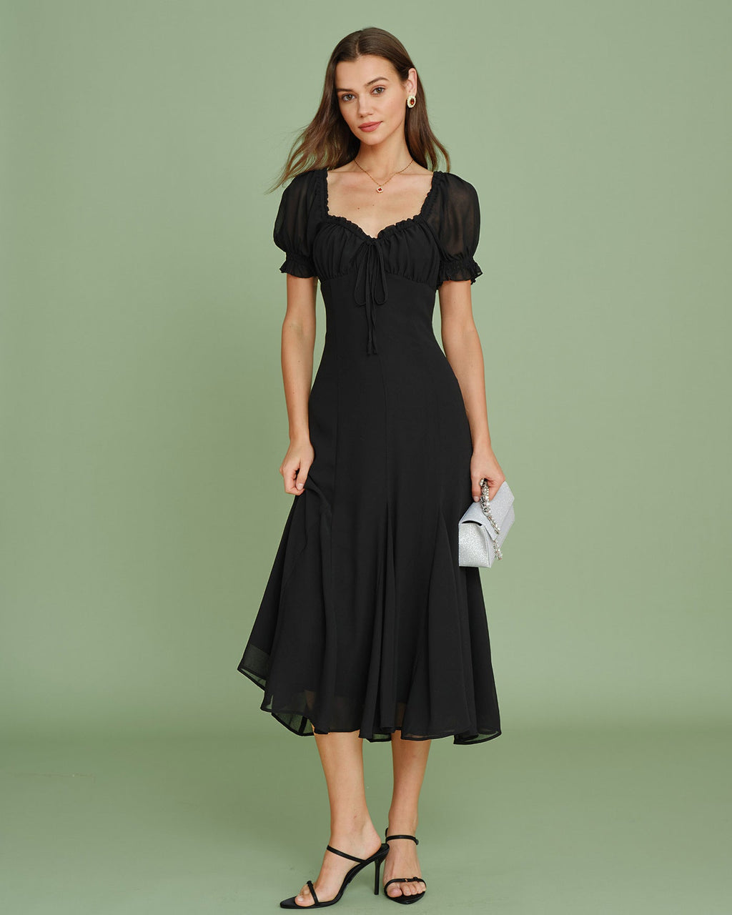 Black Midi Dress with V-Neck and Puffed Sleeves
