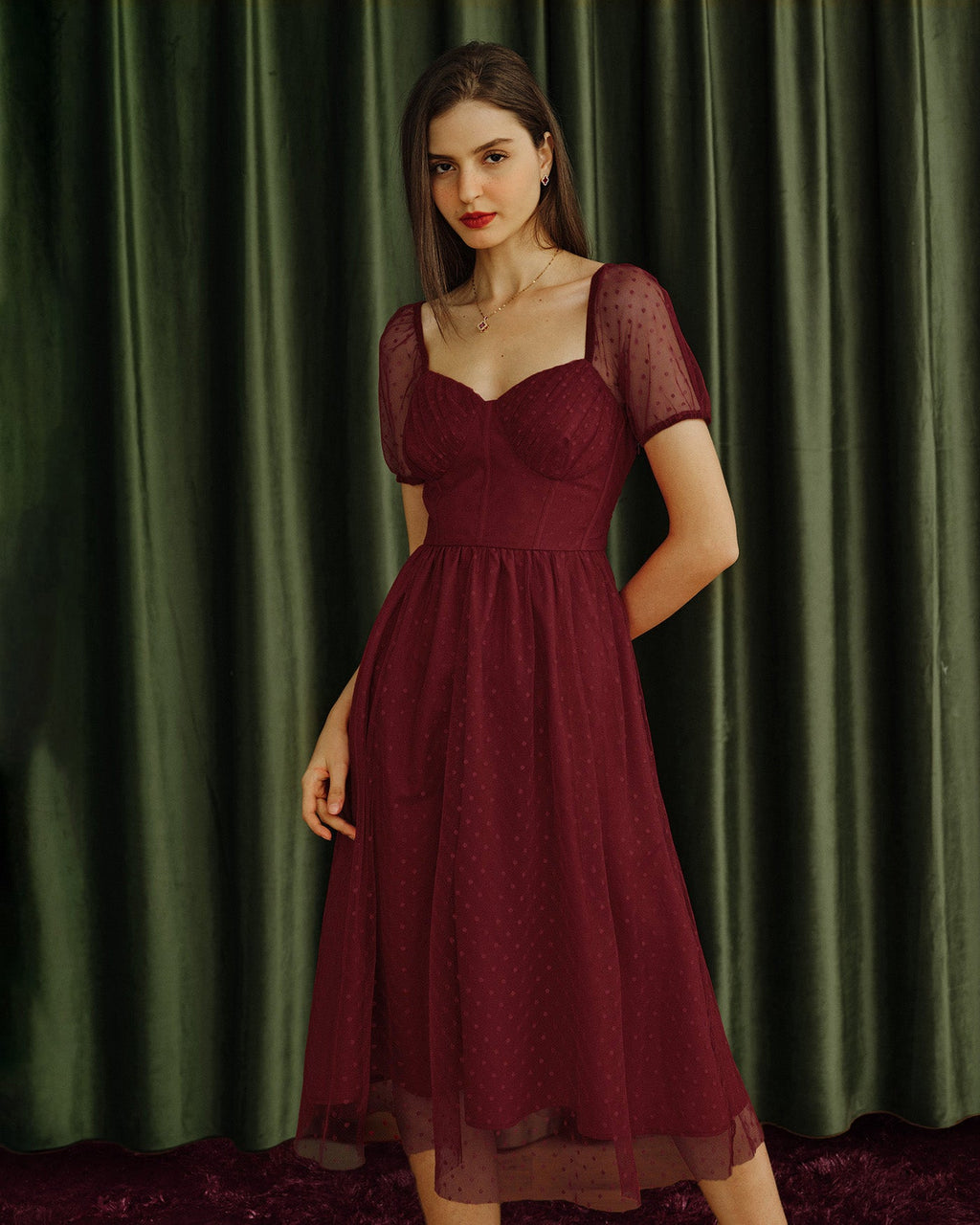Red Polka Dot Midi Dress with Sweetheart Neckline