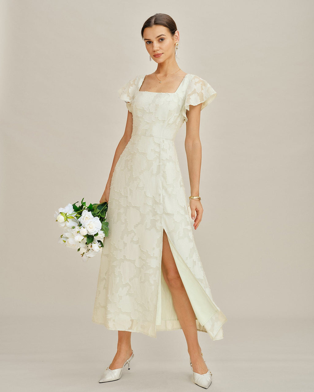 Beige Jacquard Midi Dress with Square Neckline