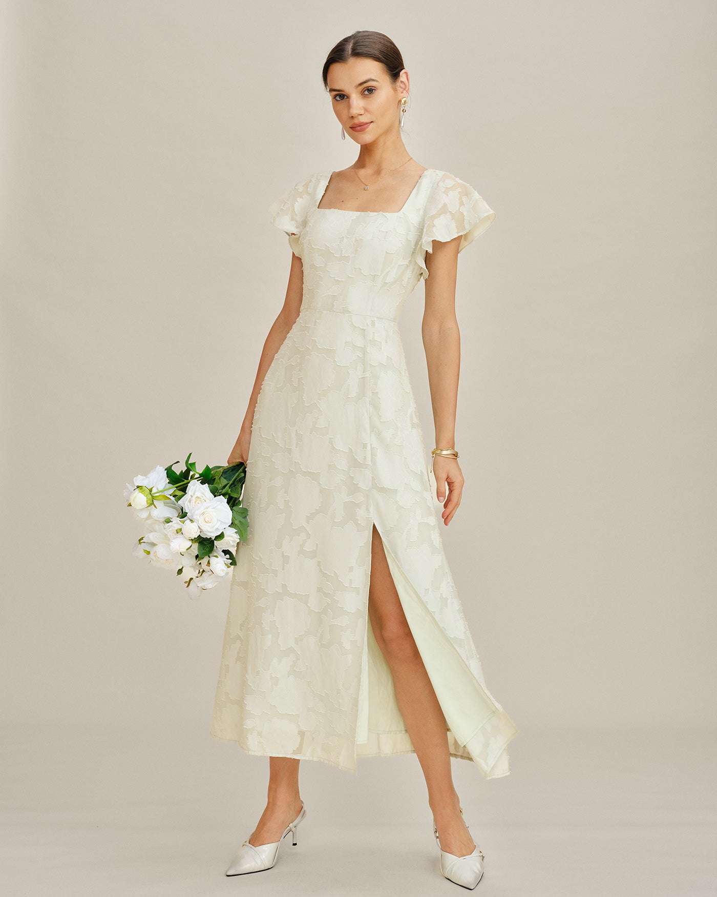 Beige Jacquard Midi Dress with Square Neckline
