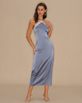 Blue Lace Midi Dress with Halter Neck