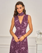 Floral Chiffon Midi Dress in Purple with V-Neck