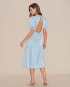 Backless Satin Midi Dress with Blue Puffed Sleeves