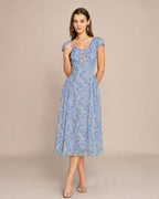 Floral Midi Dress with U Neck and Button Detail in Blue