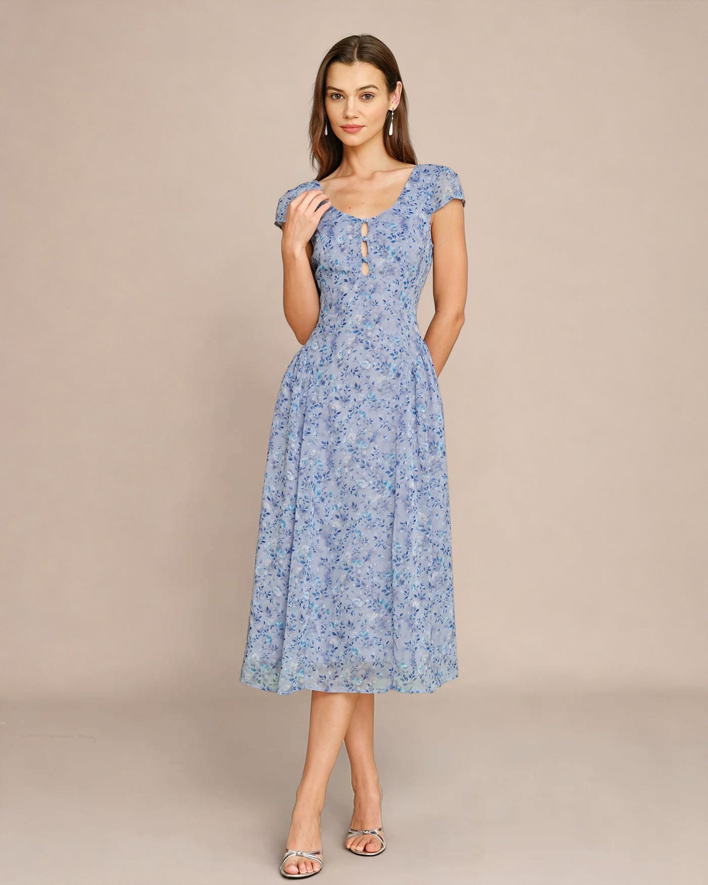 Floral Midi Dress with U Neck and Button Detail in Blue