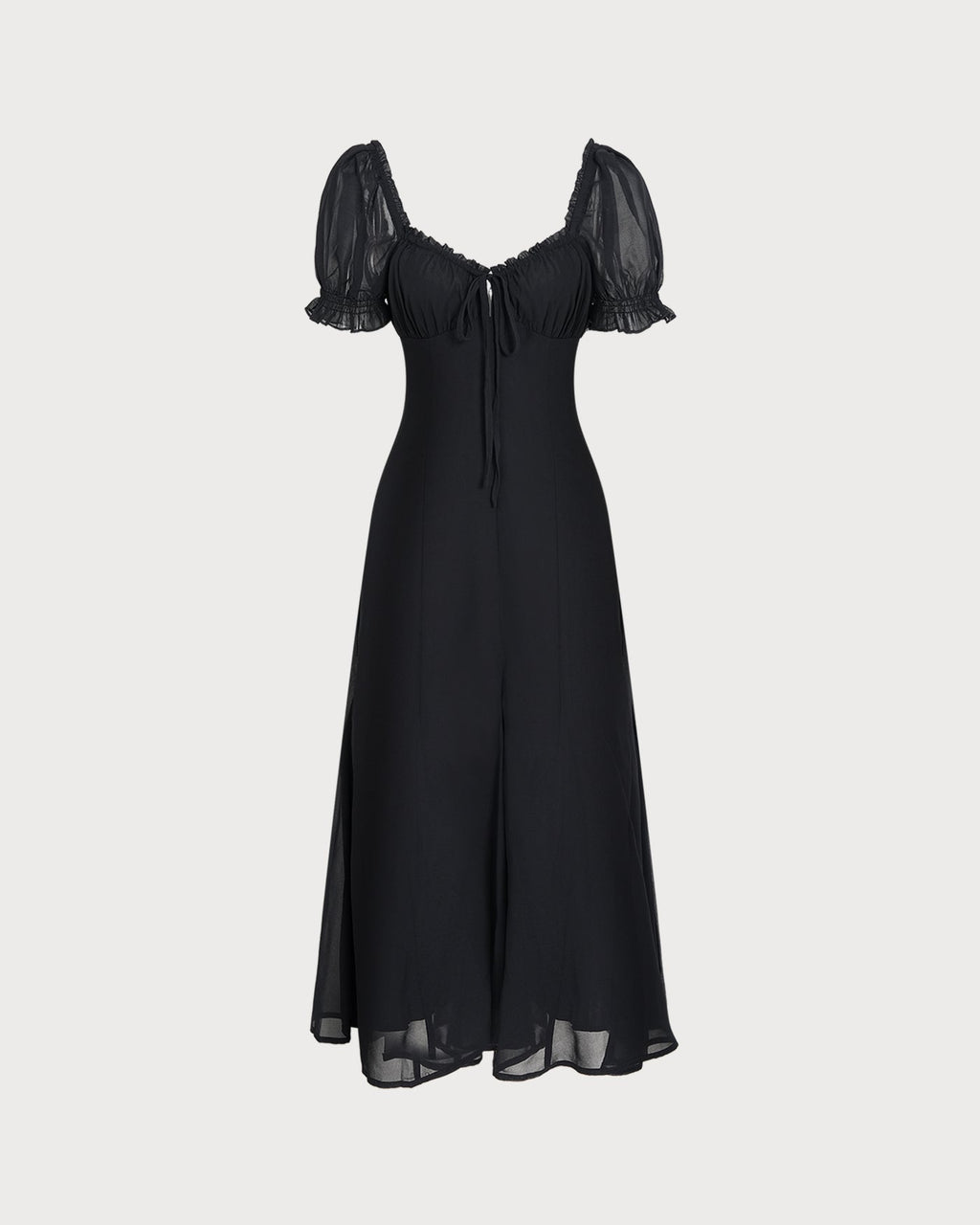 Black Midi Dress with V-Neck and Puffed Sleeves