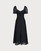Black Midi Dress with V-Neck and Puffed Sleeves