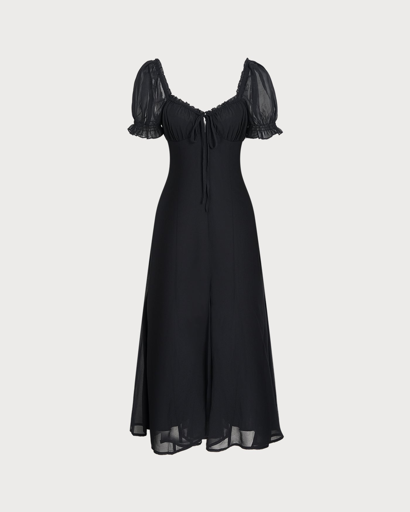 Black Midi Dress with V-Neck and Puffed Sleeves