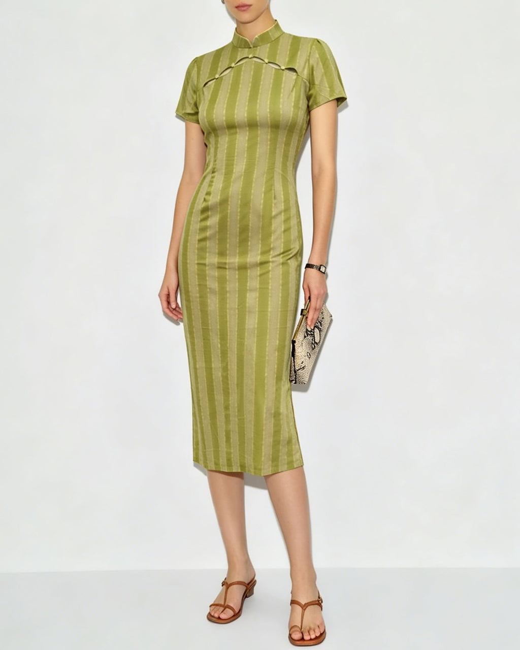 Green Mandarin Collar Midi Dress with Tunic Style