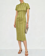 Green Mandarin Collar Midi Dress with Tunic Style
