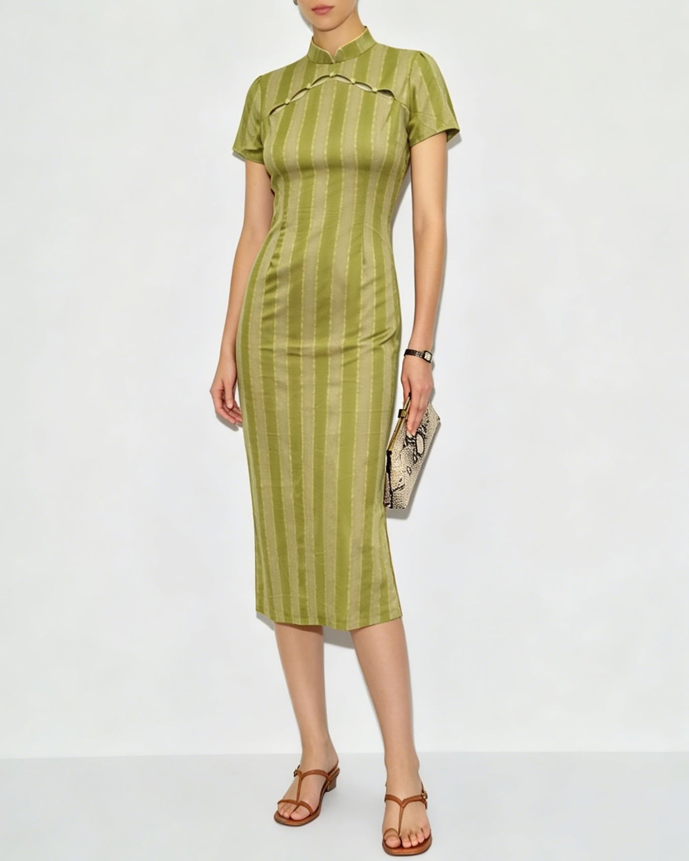 Green Mandarin Collar Midi Dress with Tunic Style
