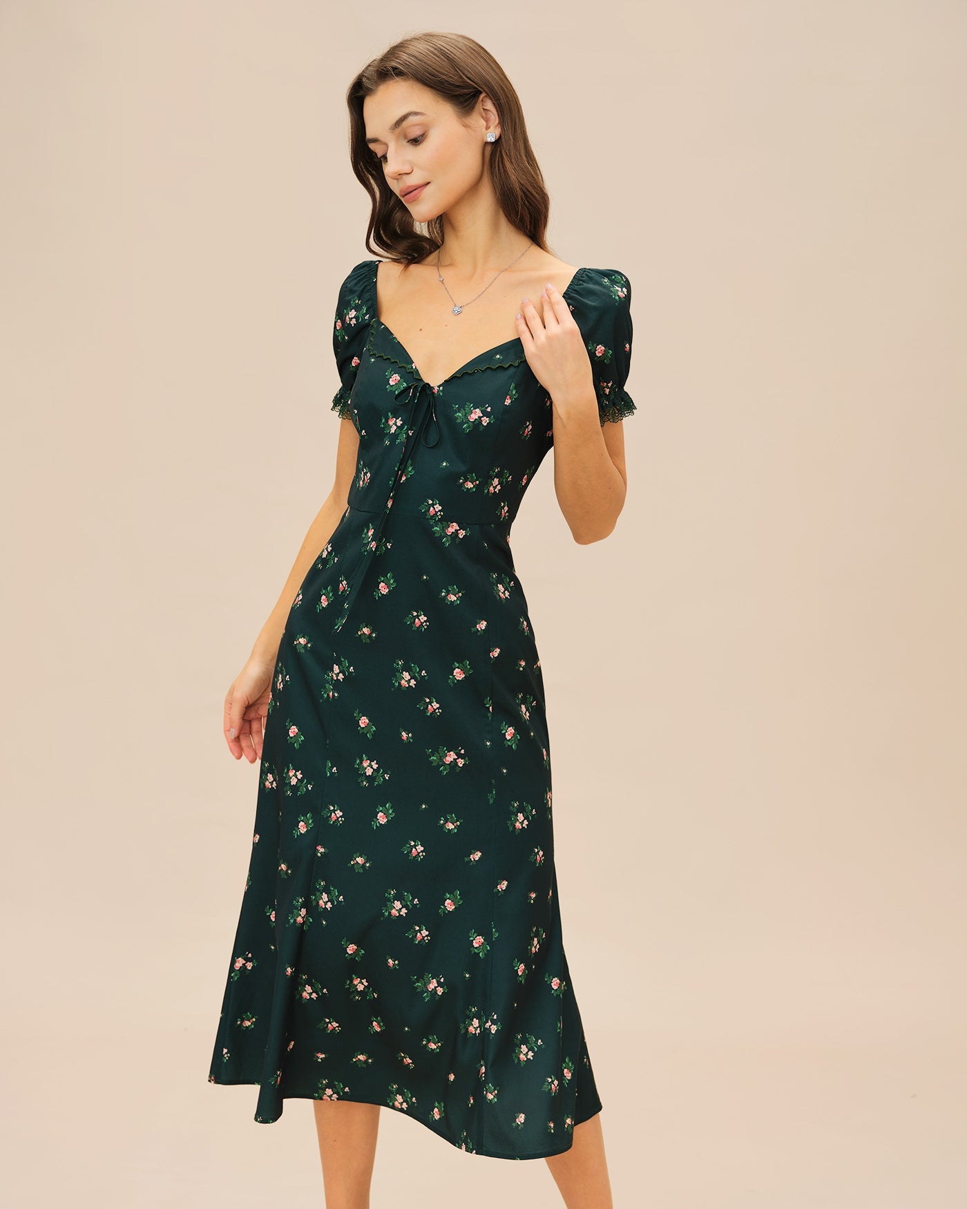 Floral Midi Dress with Green Puffed Sleeves