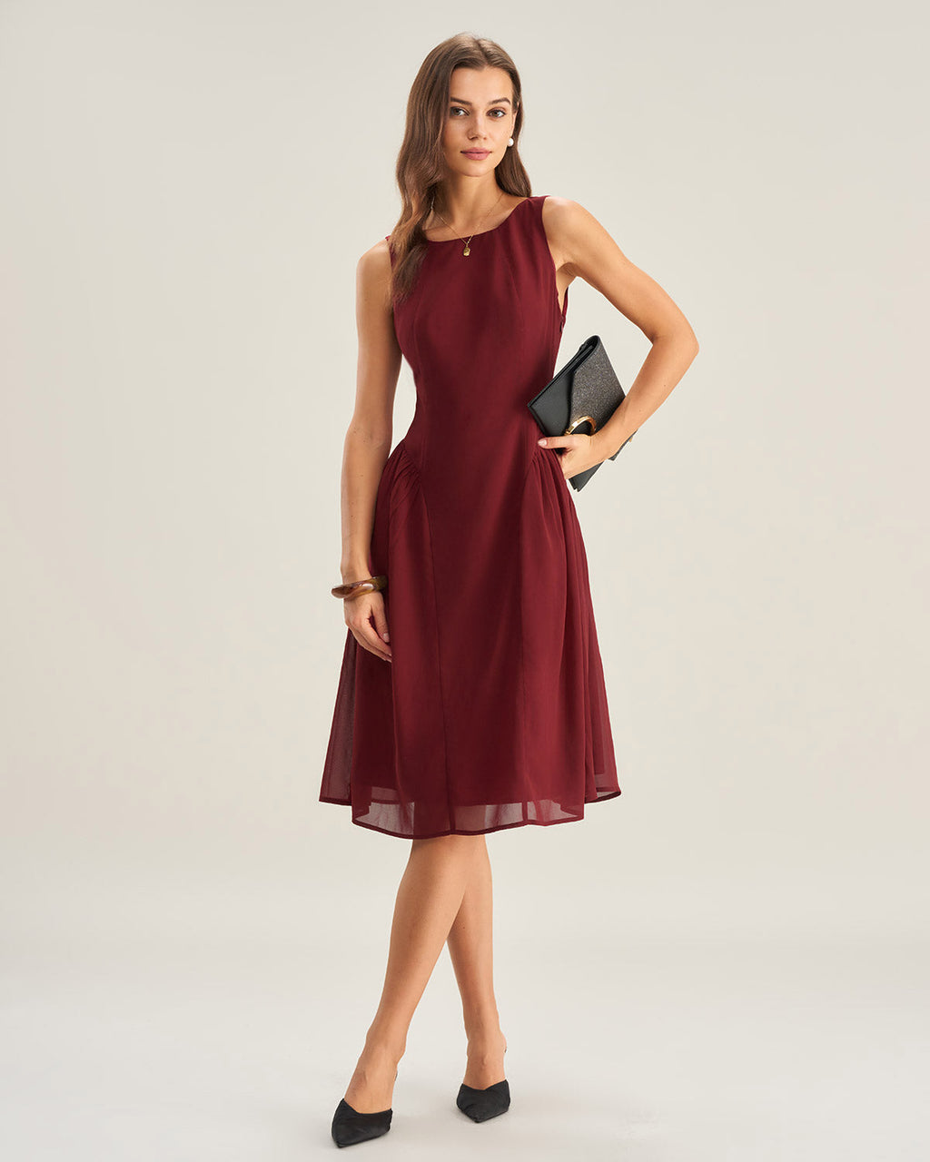 Wine Red Sleeveless Midi Dress in Chiffon