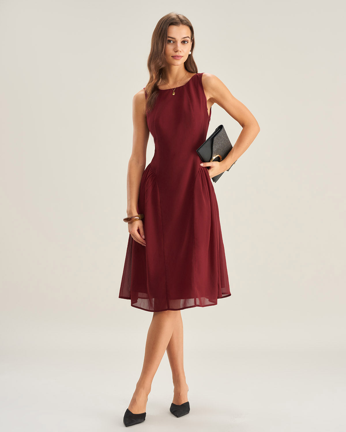 Wine Red Sleeveless Midi Dress in Chiffon