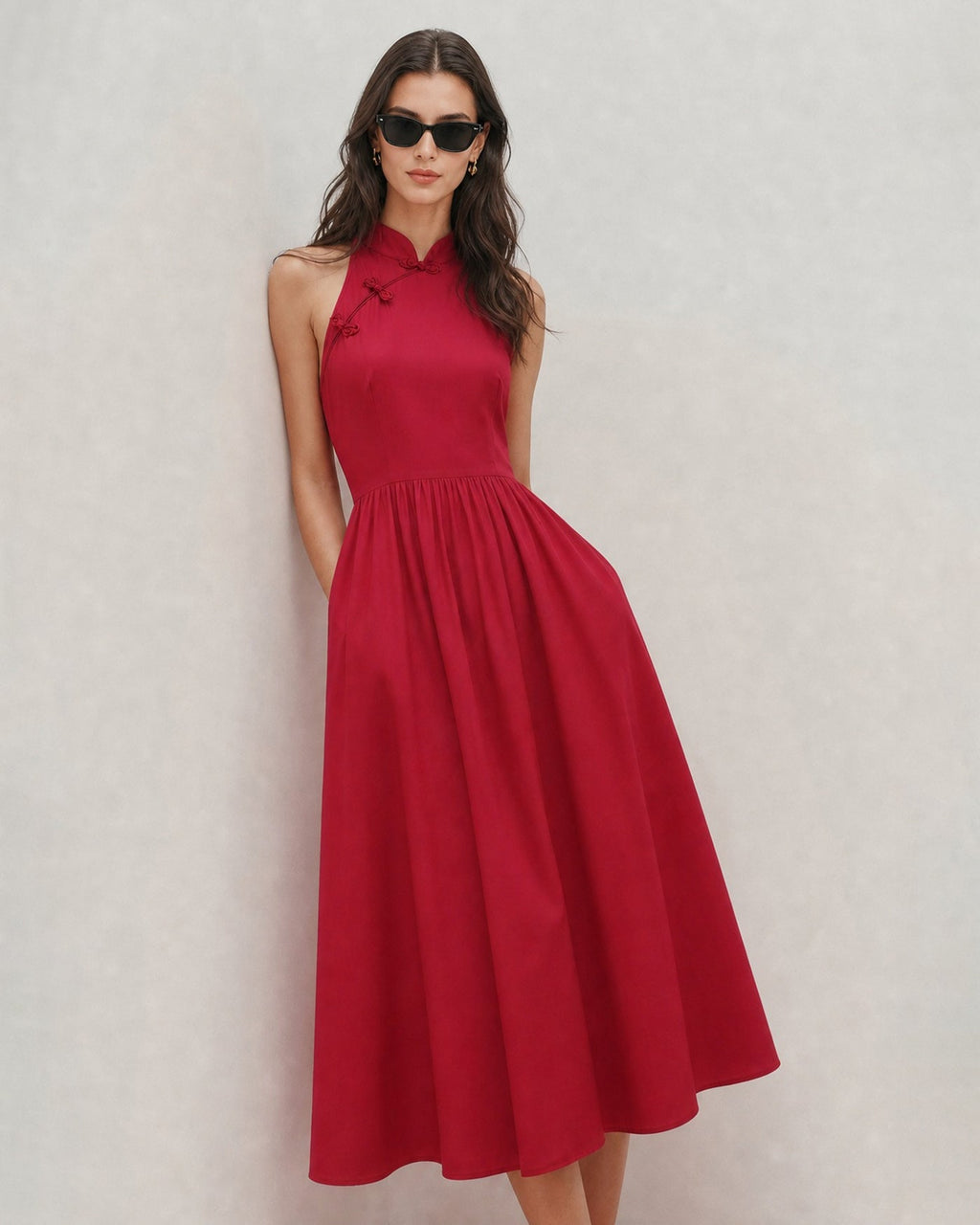Red Midi Dress with Mandarin Collar and Pockets