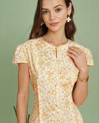Floral Midi Dress with Yellow Cap Sleeves