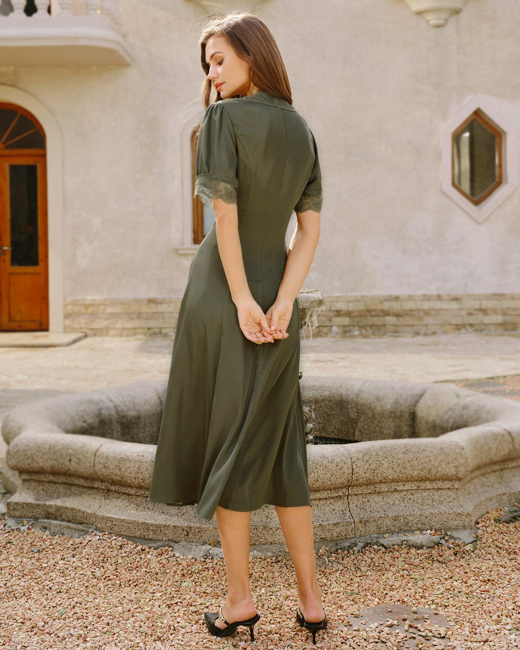 Emerald Lace Satin Midi Dress