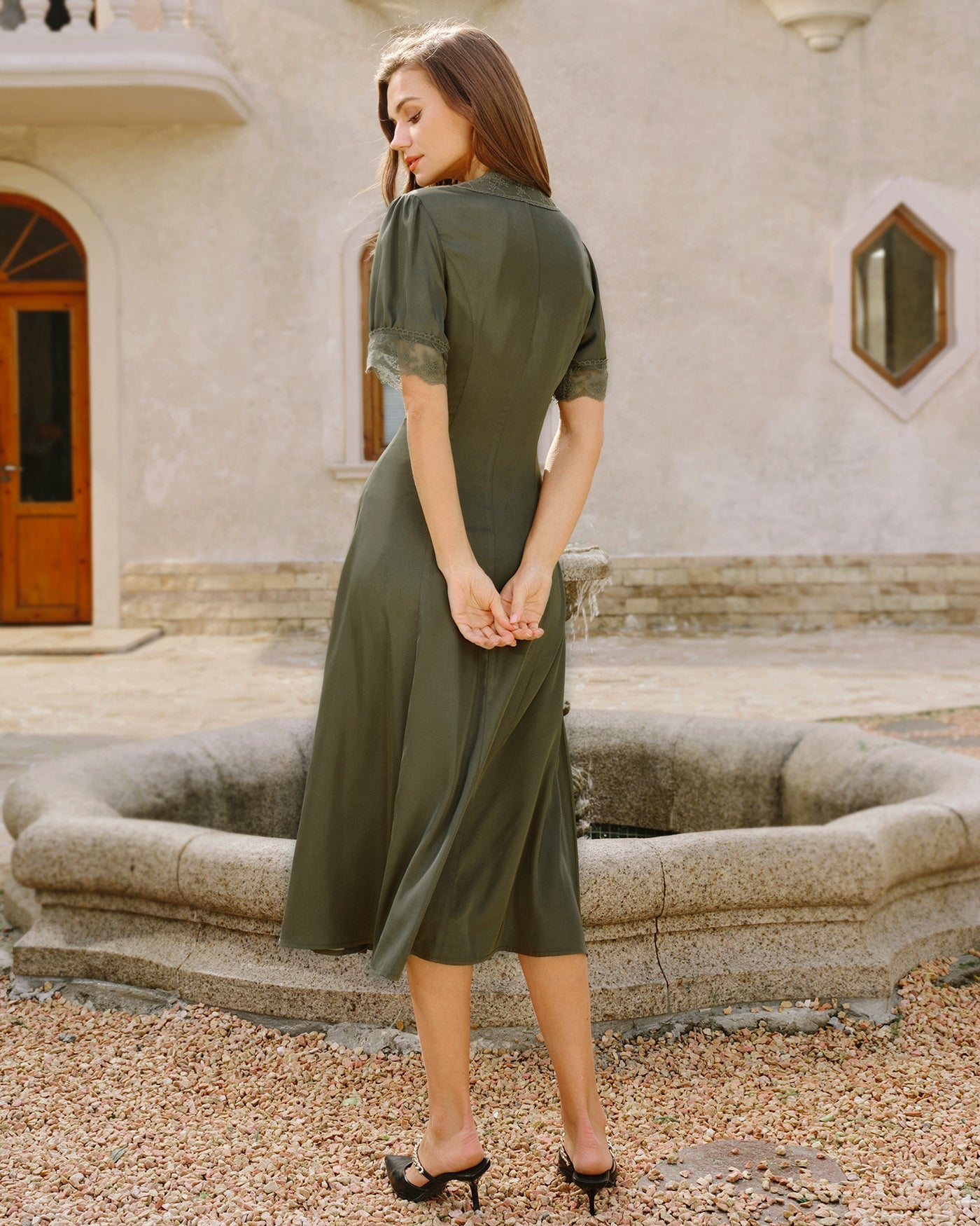 Emerald Lace Satin Midi Dress