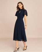 Blue Turtle Print Midi Dress with Butterfly Sleeves