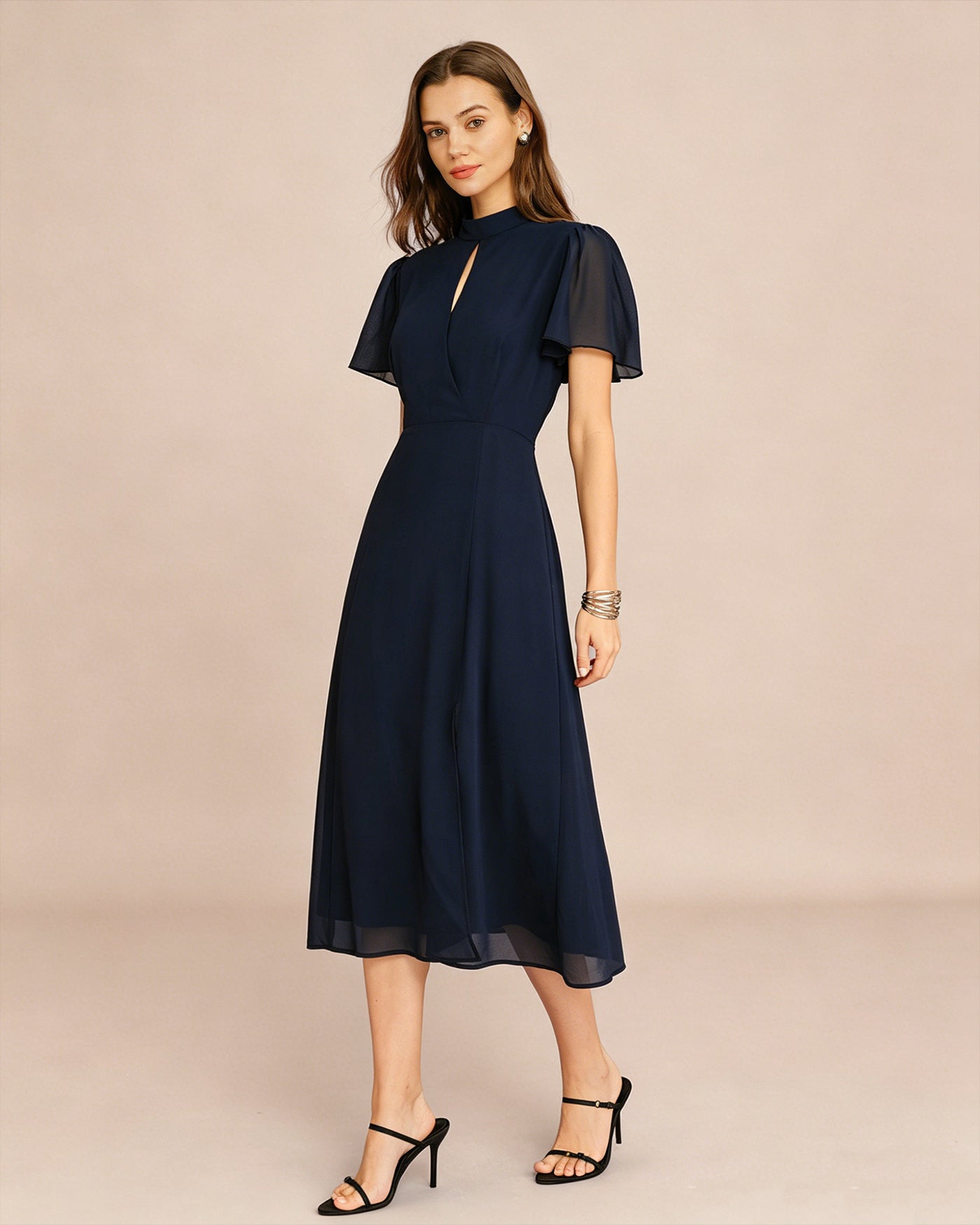 Blue Turtle Print Midi Dress with Butterfly Sleeves
