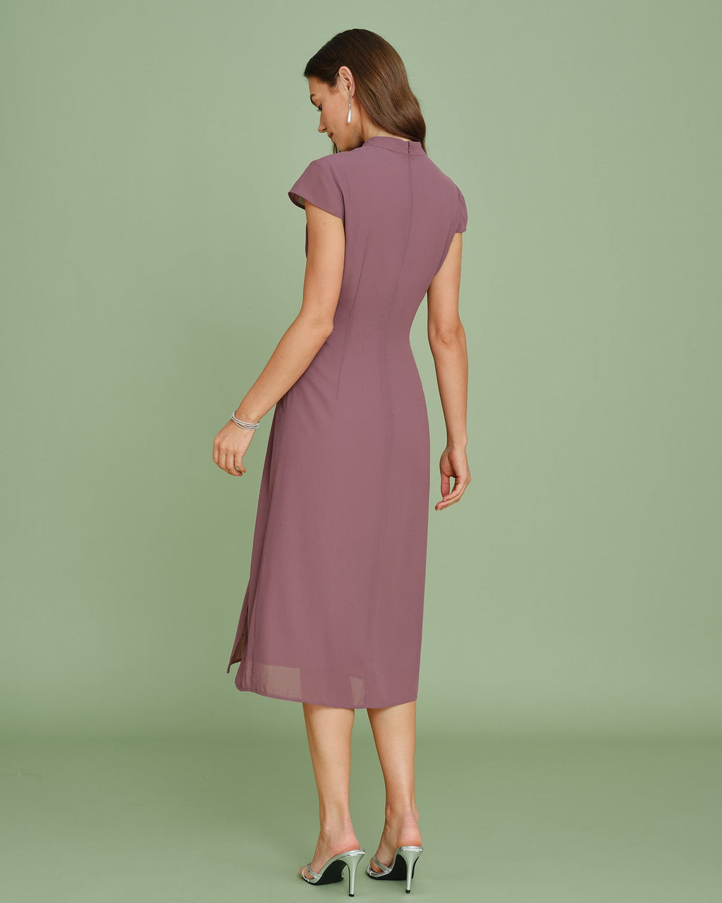 Chiffon Midi Dress with Purple Mandarin Collar