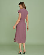 Chiffon Midi Dress with Purple Mandarin Collar