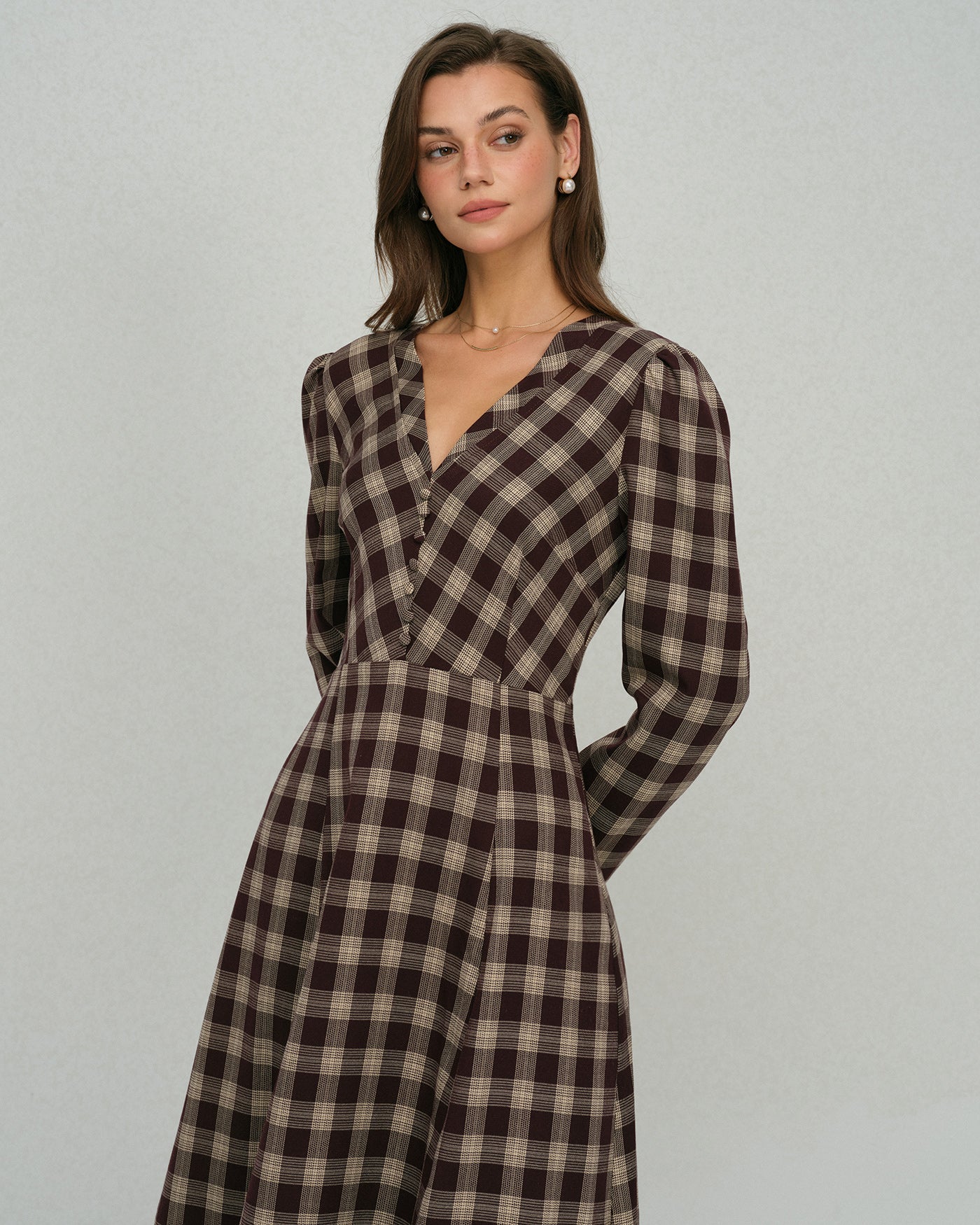 Brown Floral Print V-Neck Midi Dress