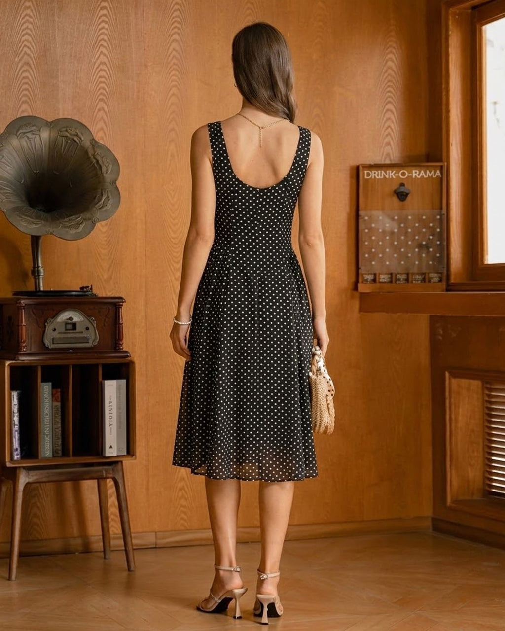 Chiffon Midi Dress with Black Polka Dots