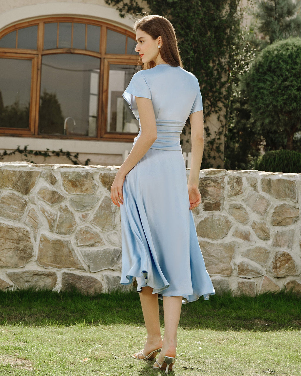 Pleated Midi Dress with Blue Drop Shoulders