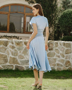 Pleated Midi Dress with Blue Drop Shoulders