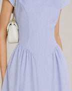 Shirred Midi Dress with Boat Neck in Blue