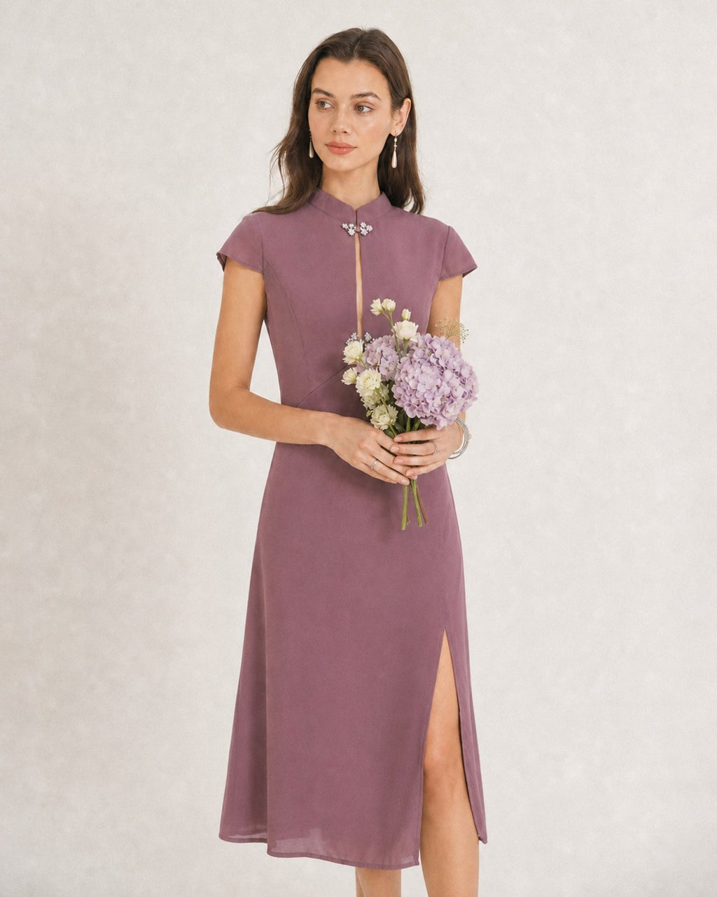 Chiffon Midi Dress with Purple Mandarin Collar