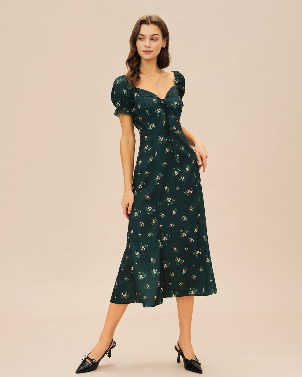 Floral Midi Dress with Green Puffed Sleeves