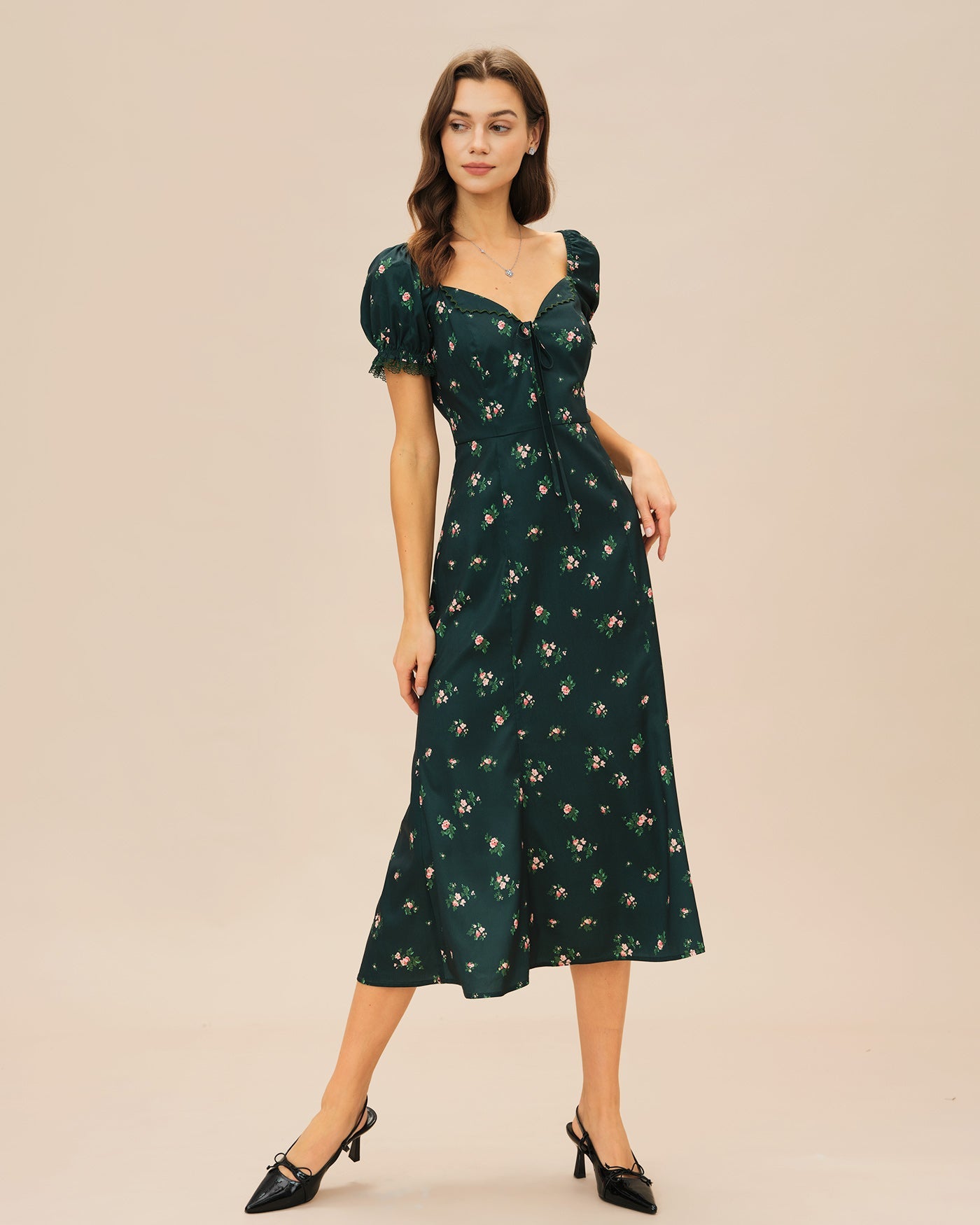 Floral Midi Dress with Green Puffed Sleeves