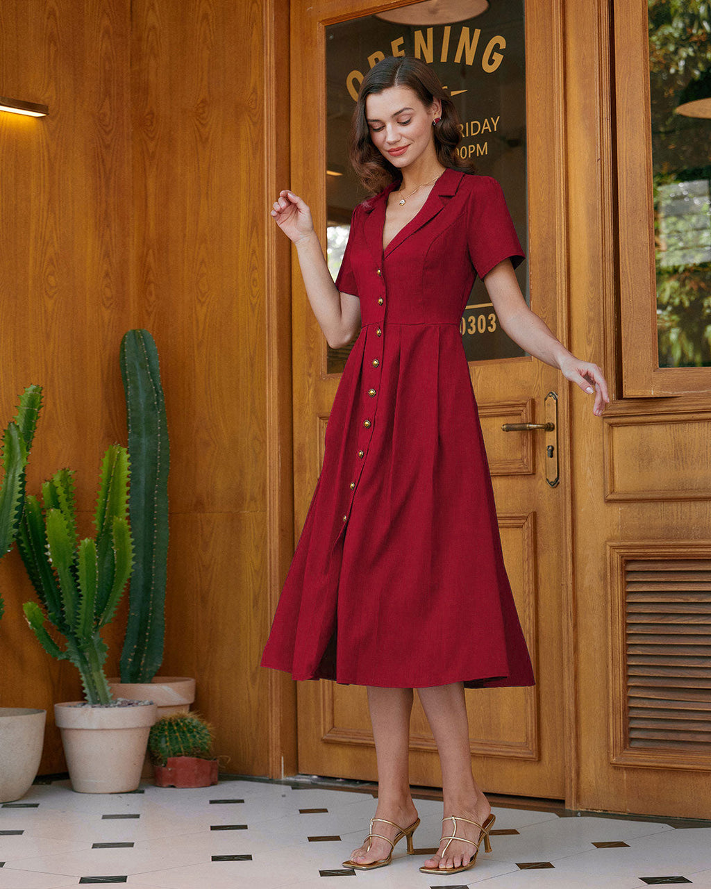 Red Pleated Midi Dress with A-Line Silhouette and Button Details
