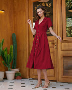 Red Pleated Midi Dress with A-Line Silhouette and Button Details