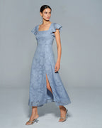 Floral Print Square Neck Midi Dress in Blue