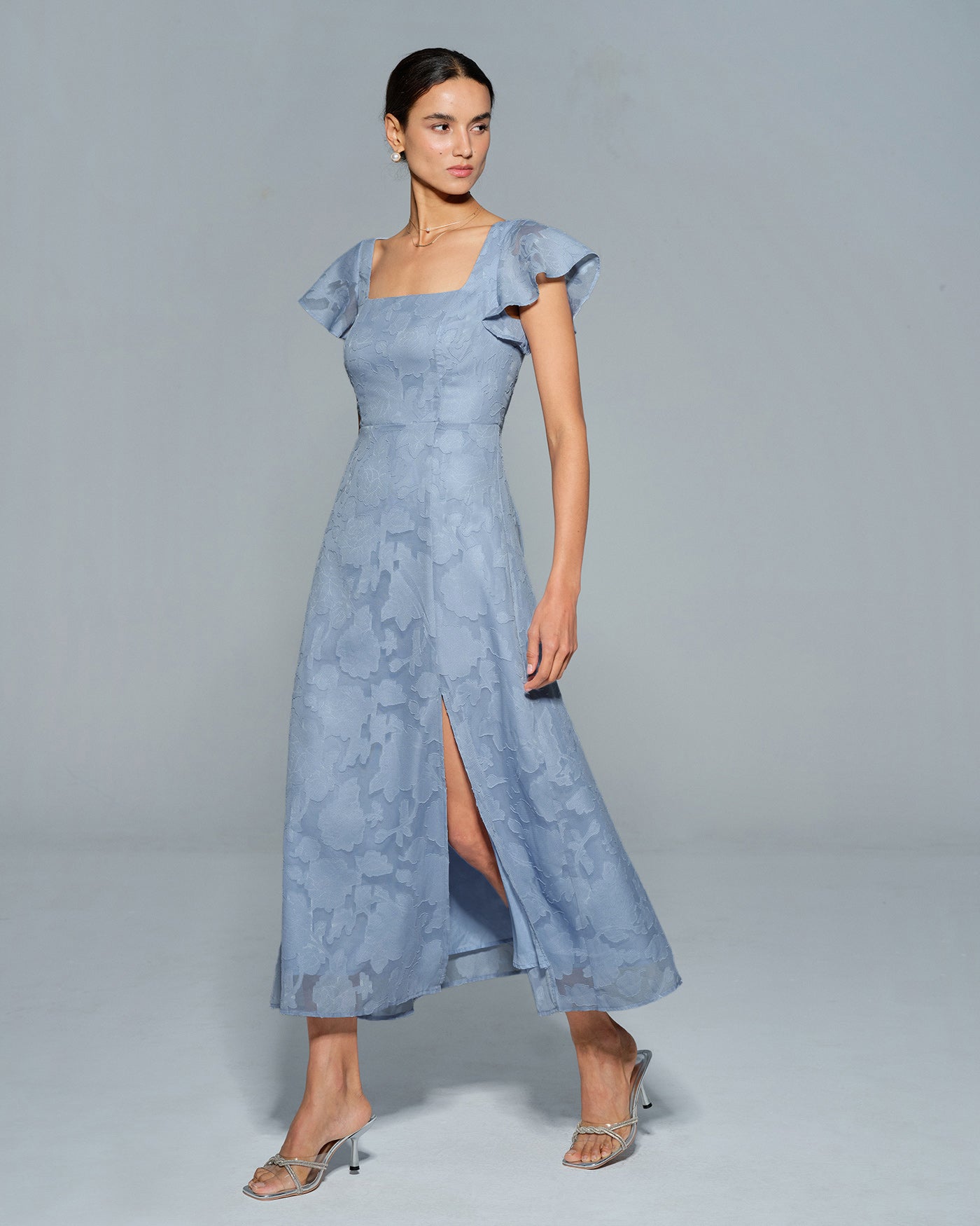 Floral Print Square Neck Midi Dress in Blue