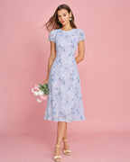 Jacquard Midi Dress with Purple Puffed Sleeves
