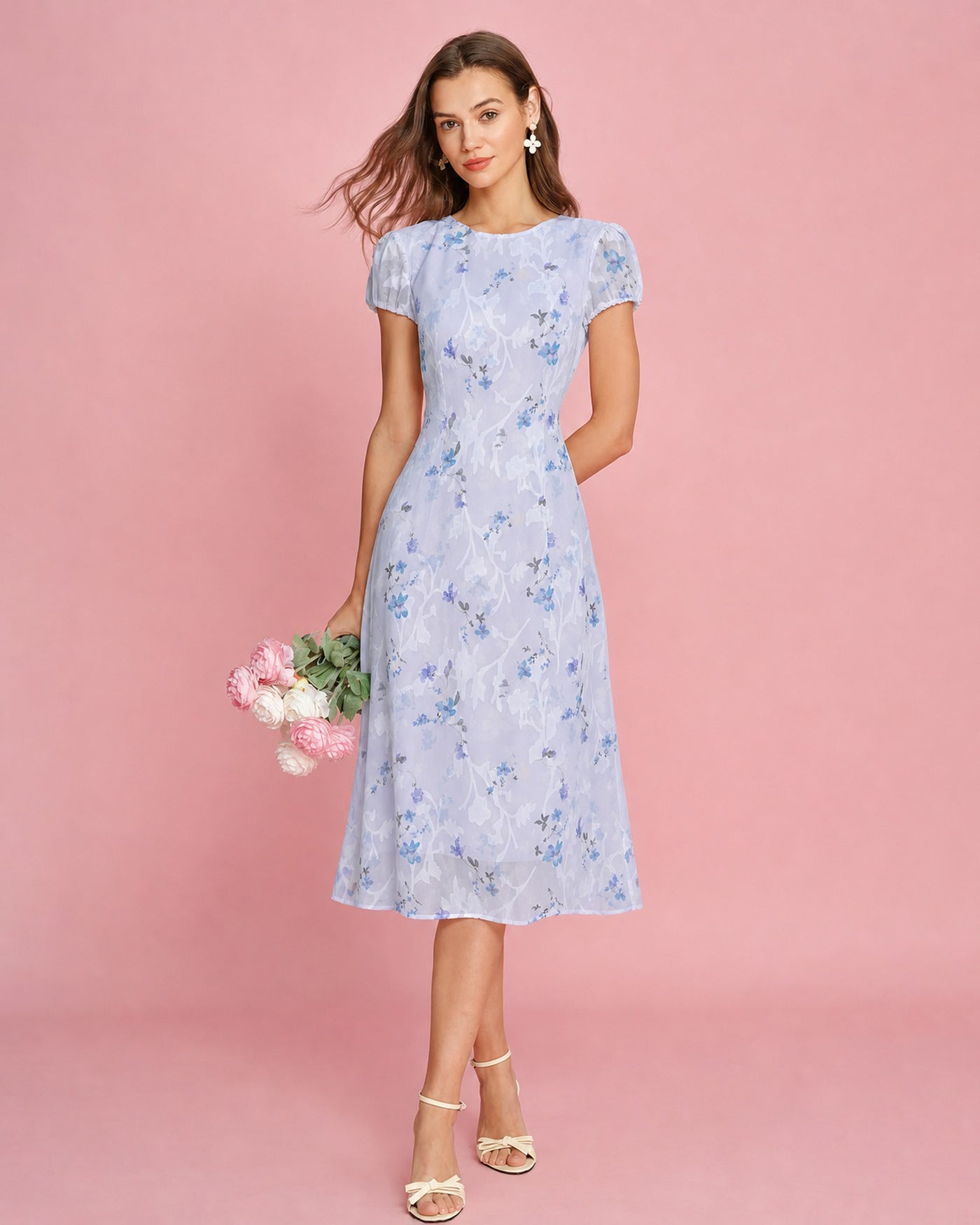 Jacquard Midi Dress with Purple Puffed Sleeves