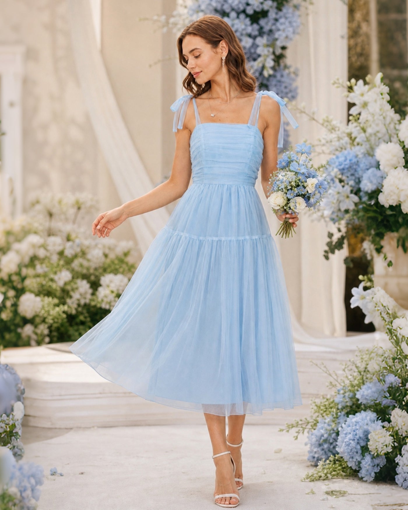 Blue Mesh Midi Dress with Square Neckline