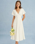 Apricot V-Neck Midi Dress with Cowl Sleeves