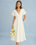 Apricot V-Neck Midi Dress with Cowl Sleeves