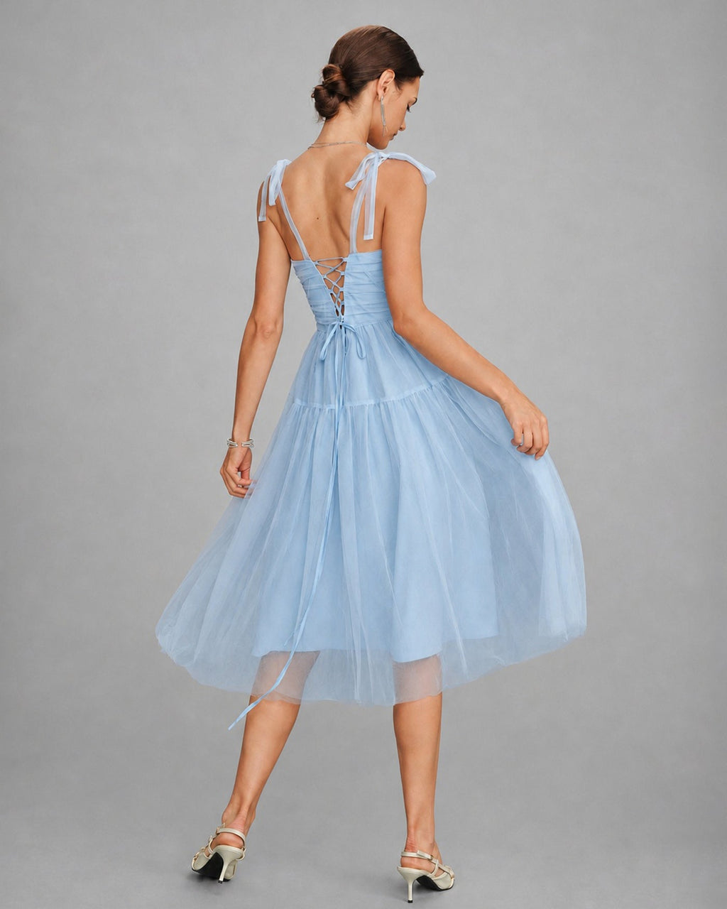Blue Mesh Midi Dress with Square Neckline
