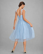 Blue Mesh Midi Dress with Square Neckline