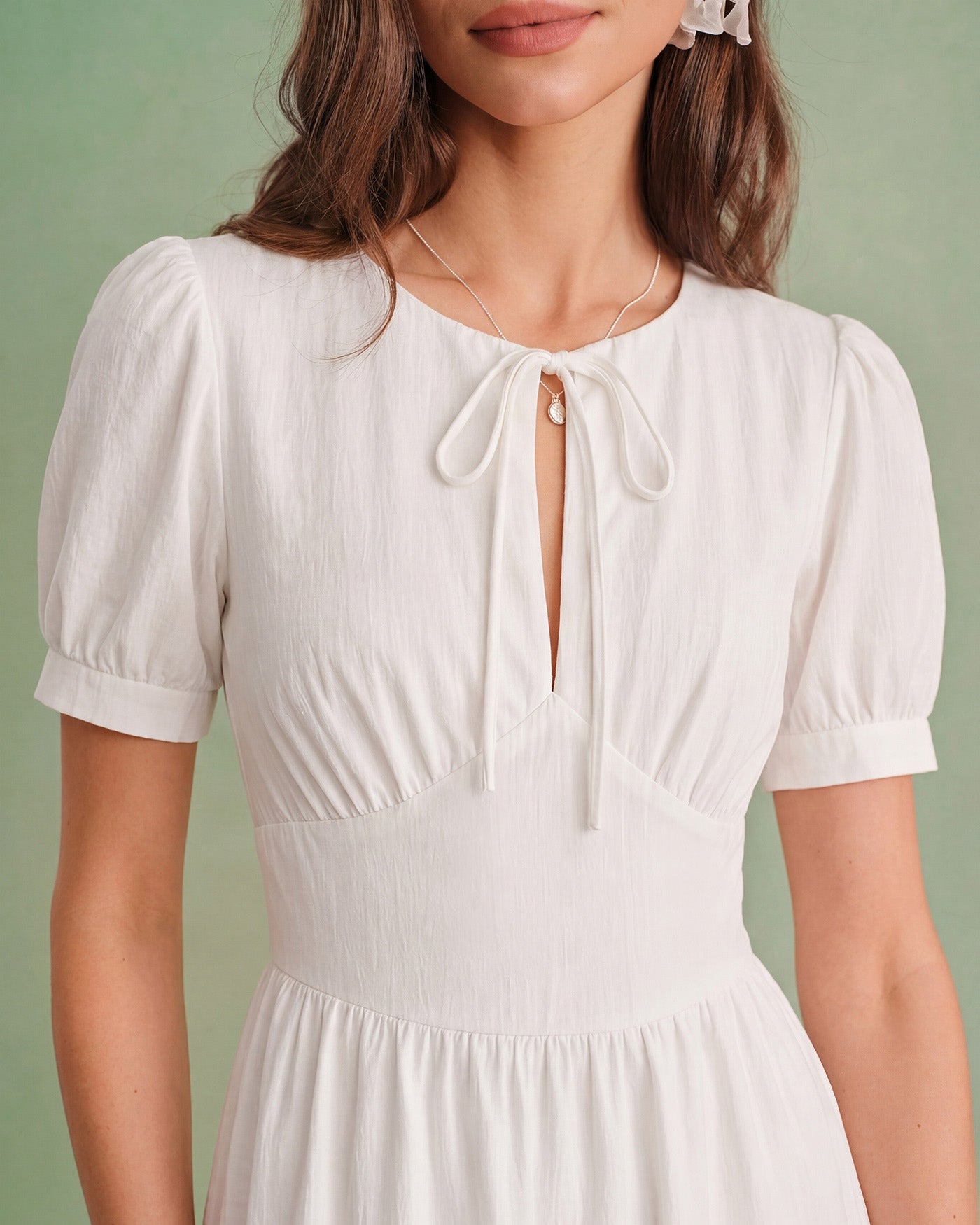 White A-Line Midi Dress with Puffed Sleeves