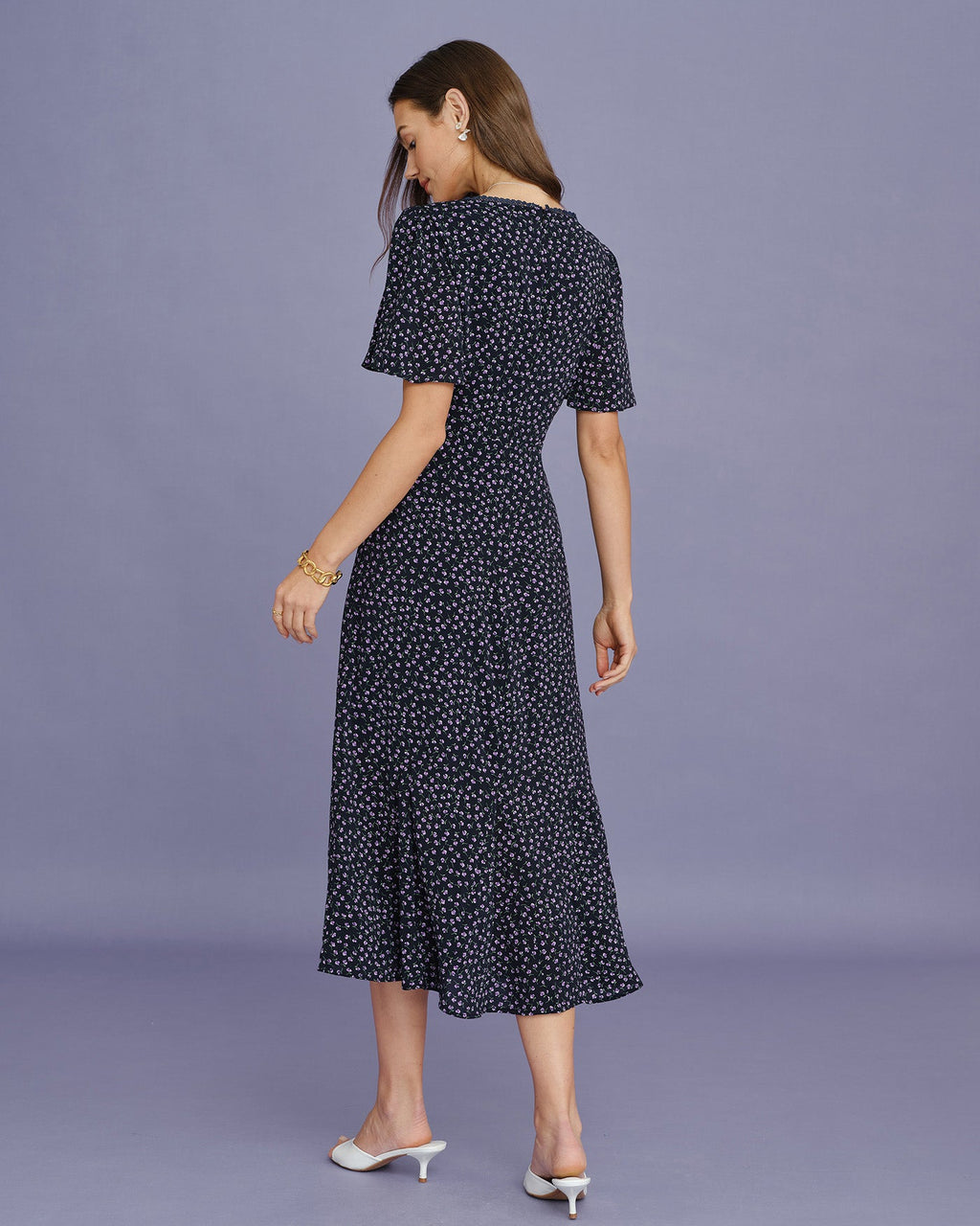 Floral Butterfly Sleeve Midi Dress in Purple