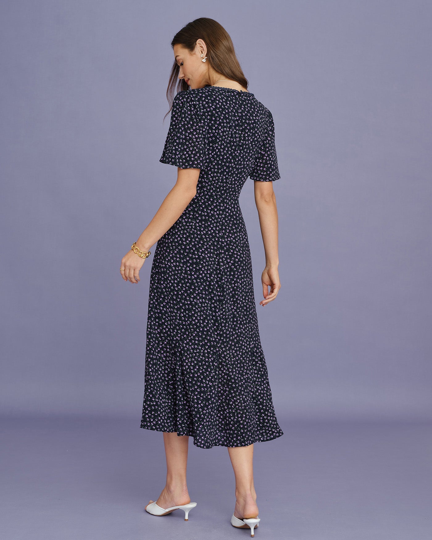 Floral Butterfly Sleeve Midi Dress in Purple