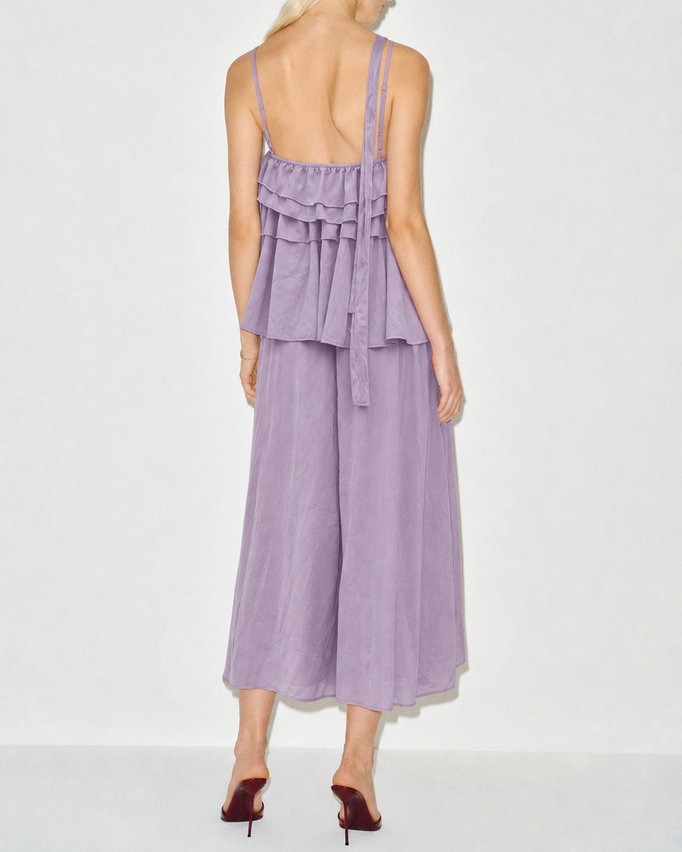 Ruffled Midi Dress with Purple Floral Print